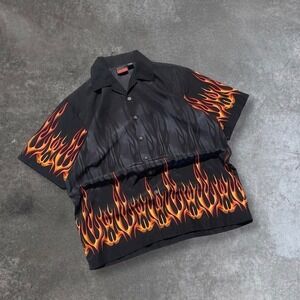 Mens Black Flame Print Short Sleeve Button Up Shirt Retro Edgy Style Size M